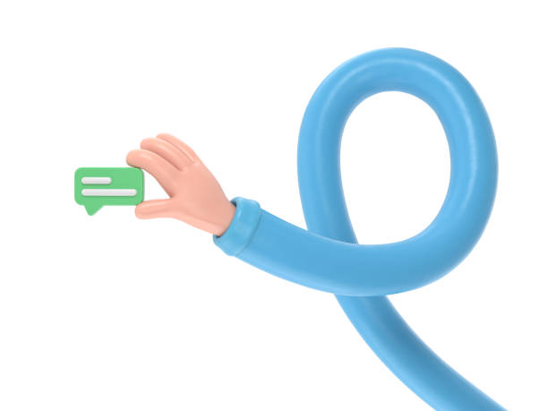 istock Cartoon Gesture Icon Mockup.3d hand holding chat bubble icon. Message in fingers,communication concept,3D rendering on white background.long arms concept. 2049378355