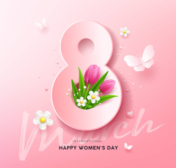 8 de março, feliz dia da mulher com flores de tulipa e borboleta, design de cartaz - ilustração de arte em vetor