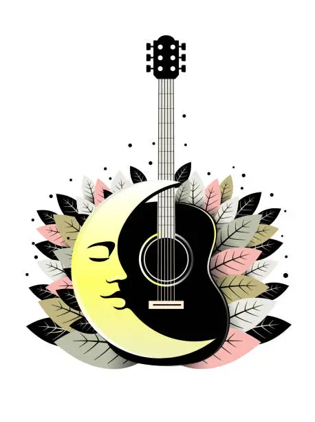 Vector illustration of guitar with moon and leaves vector