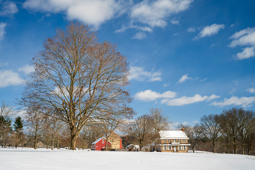 Worcester, USA - January 20, 2024. Historic Peter Wentz Farm in Winter, Worcester, Pennsylvania, USA