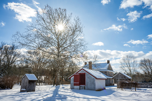 Worcester, USA - January 20, 2024. Historic Peter Wentz Farm in Winter, Worcester, Pennsylvania, USA