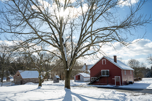 Worcester, USA - January 20, 2024. Historic Peter Wentz Farm in Winter, Worcester, Pennsylvania, USA