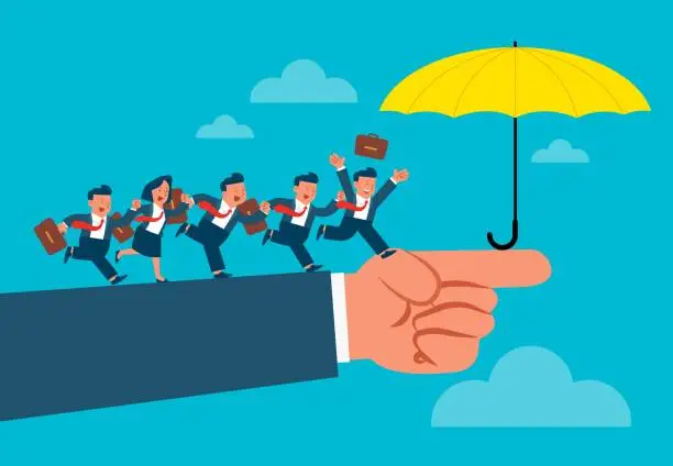 Vector illustration of Providing protection or shelter, security or insurance, a safe area, a group of businessmen running toward an umbrella on a huge arm