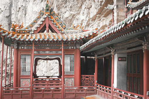 OCTOBER 6, 2021, DATONG, CHINA: The detail of roof of northern Mt. Hengshan Hanging temple in Datong city of Shanxi province. Famous Chinese classical architecture
