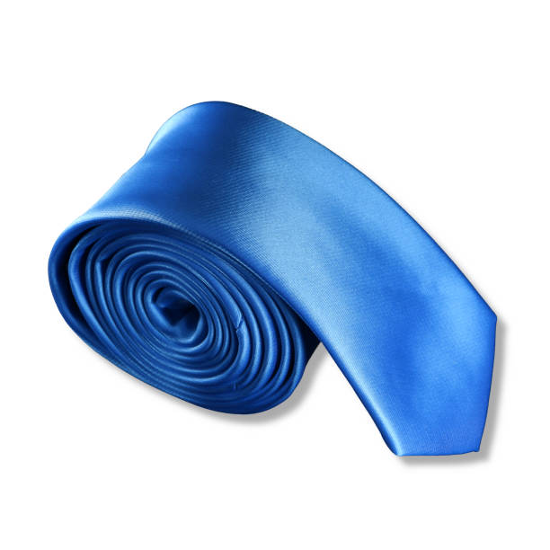 istock Single plain blue necktie rolled on white background close-up view, Single object, No people 2049467241