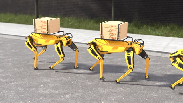 Robot dog delivering pizza, Delivery robotic concept