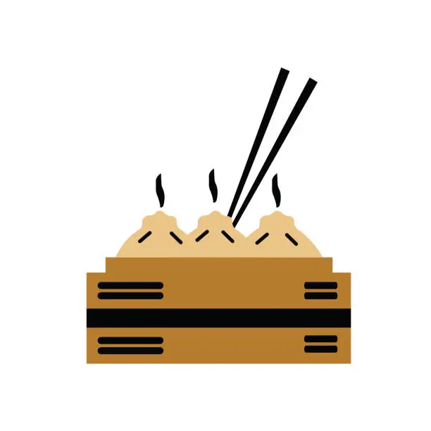 Vector illustration of Dumplings or also called Shumai in a bamboo bowl with chopsticks vector illustration.