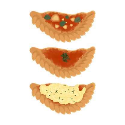 Calzone pizza or folded pizza with toppings and sauce on the outside vector illustration