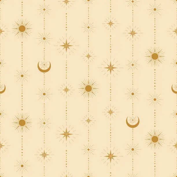 Vector illustration of warm simplicity sun moon celestial seamless pattern. crescent stars and sky background.