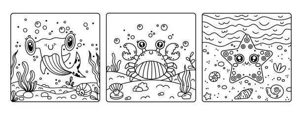 Vector illustration of Underwater animals vector set of coloring pages. Baby shark, funny crab on the seabed. Cute smiling starfish on the beach. Happy aquarium pets among shells, seaweed, bubbles. Doodle clipart for kids