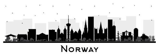 ilustrações de stock, clip art, desenhos animados e ícones de norway city skyline silhouette with black buildings isolated on white. concept with historic and modern architecture. norway cityscape with landmarks. oslo. stavanger. trondheim. - scandinavian church front view norway