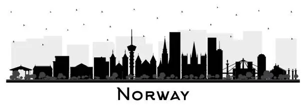 Vector illustration of Norway city skyline silhouette with black buildings isolated on white. Concept with historic and modern architecture. Norway cityscape with landmarks. Oslo. Stavanger. Trondheim.