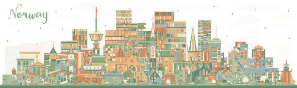 ilustrações de stock, clip art, desenhos animados e ícones de norway city skyline with color buildings. concept with historic and modern architecture. norway cityscape with landmarks. oslo. stavanger. trondheim. bergen. - scandinavian church front view norway