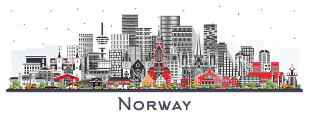 ilustrações de stock, clip art, desenhos animados e ícones de norway city skyline with gray buildings isolated on white. concept with historic and modern architecture. norway cityscape with landmarks. oslo. stavanger. trondheim. bergen. - scandinavian church front view norway