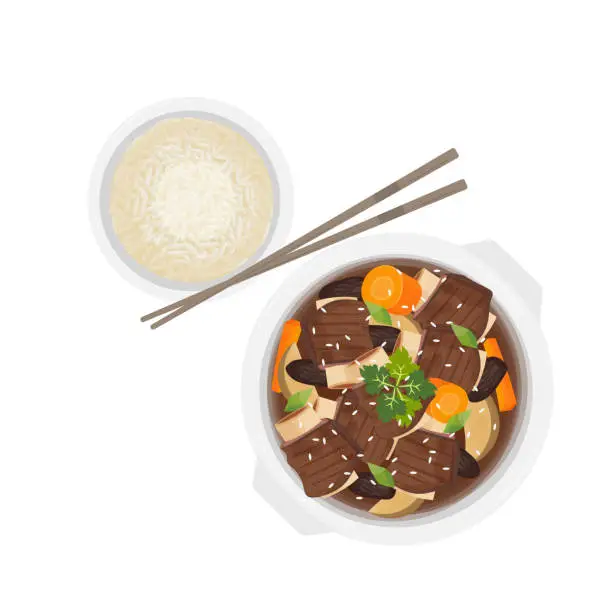 Vector illustration of Ready to eat Galbi jjim Braised Short Ribs with chopstick