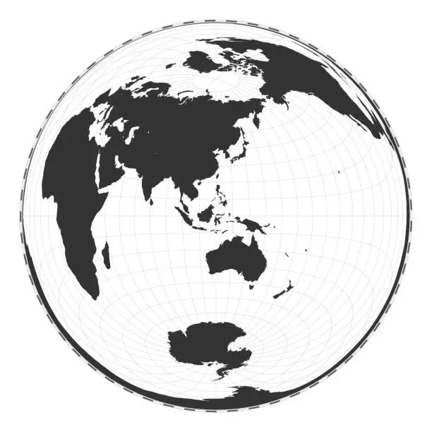 Vector illustration of Vector world map. Lambert azimuthal equal-area projection. Plain world geographical map with latitude and longitude lines. Centered to 120deg W longitude. Vector illustration.