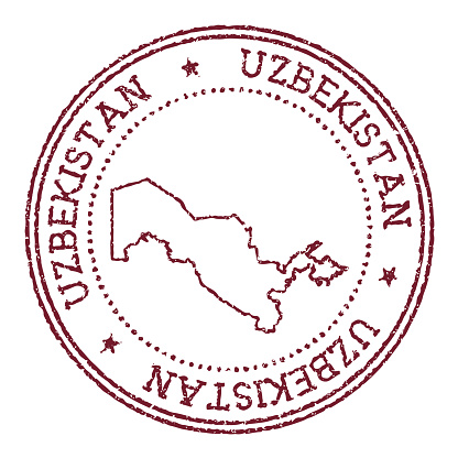 Uzbekistan round rubber stamp with country map. Vintage red passport stamp with circular text and stars, vector illustration.