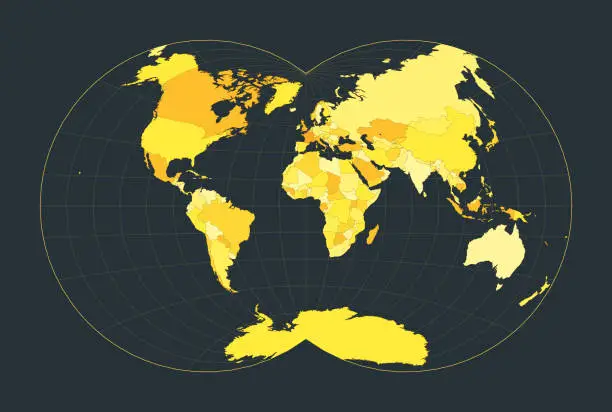 Vector illustration of World Map. Van der Grinten IV projection. Futuristic world illustration for your infographic. Bright yellow country colors. Creative vector illustration.