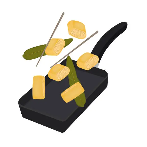 Vector illustration of Tamagoyaki levitation on a square pan