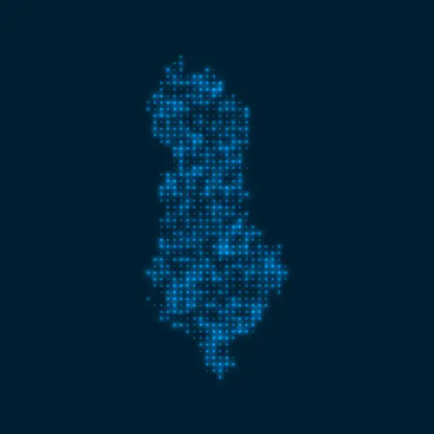 Vector illustration of Albania dotted glowing map. Shape of the country with blue bright bulbs. Vector illustration.