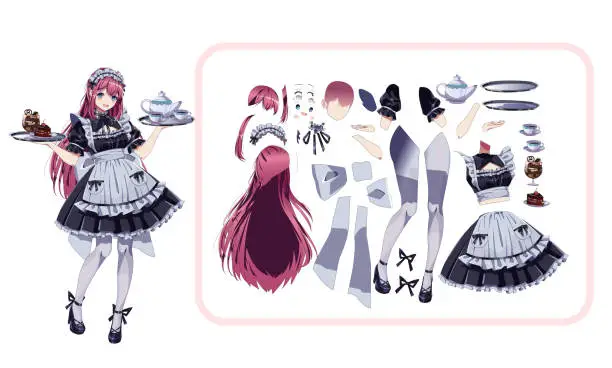 Vector illustration of Maid cafe girl by dress parts color vector character for animation