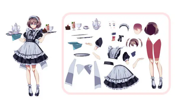 Vector illustration of Maid cafe girl by dress parts color vector character for animation