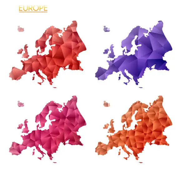 Vector illustration of Set of vector polygonal maps of Europe. Bright gradient map of continent in low poly style. Multicolored Europe map in geometric style for your infographics. Artistic vector illustration.