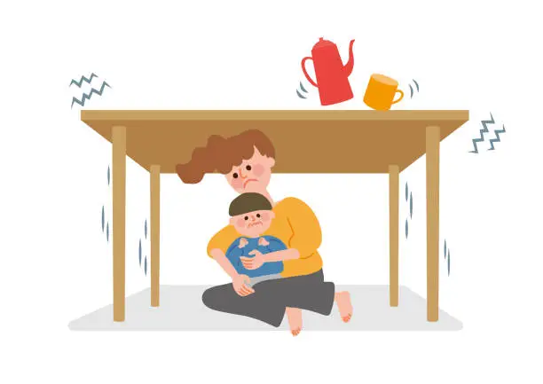 Vector illustration of Parents and children hiding under a desk during an earthquake