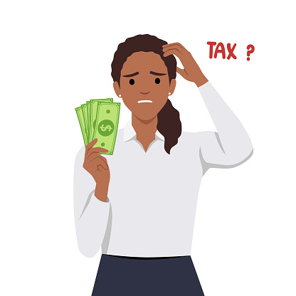 Businesswoman are confused with tax documents and how much she has to pay for tax. Flat vector illustration isolated on white background