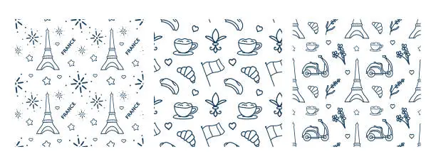 Vector illustration of Set seamless pattern of symbols Paris. Travel  doodle Line Art vector Illustration.