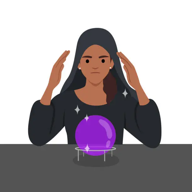 Vector illustration of Fortune teller woman reading future on magical crystal ball. Gypsy oracle.