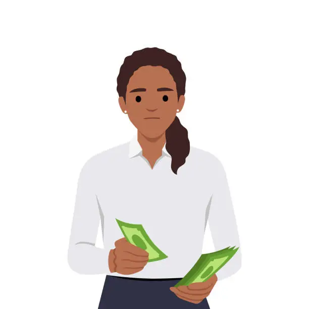Vector illustration of Young woman counts money earned in business or received from dividend investments but she is feeling angry