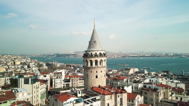 AERIAL Shot of Galata Tower Amidst Buildings In Crowded City Against Sky