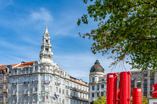 Porto, Portugal - October 6, 2023: The street view of Av. dos Aliados, Porto, Portugal.