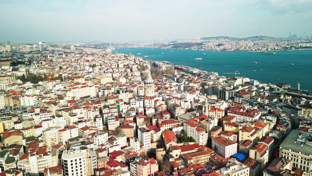 AERIAL Shot of Galata Tower Amidst Buildings In Famous Crowded City on Sunny Day
