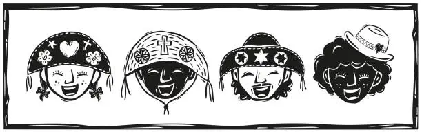 Vector illustration of Boys and girls with cangaço hats. Hand drawn in the northeastern cordel style. Smiling and happy
