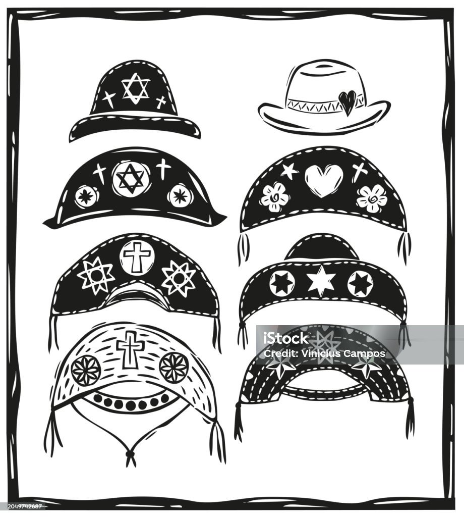Chapeaux typiques du nord-est brésilien dans le style de la gravure sur bois. Chapeau en cuir, Cangaço, Cordel. - clipart vectoriel de Nord-Est libre de droits Chapeaux typiques du nord-est brésilien dans le style de la gravure sur bois. Chapeau en cuir, Cangaço, Cordel. - clipart vectoriel de Nord-Est libre de droits