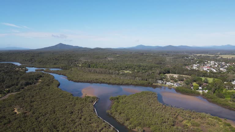 Aerial views of Urunga boardwalk with stunning views of the Great Dividing Range and Urunga township.