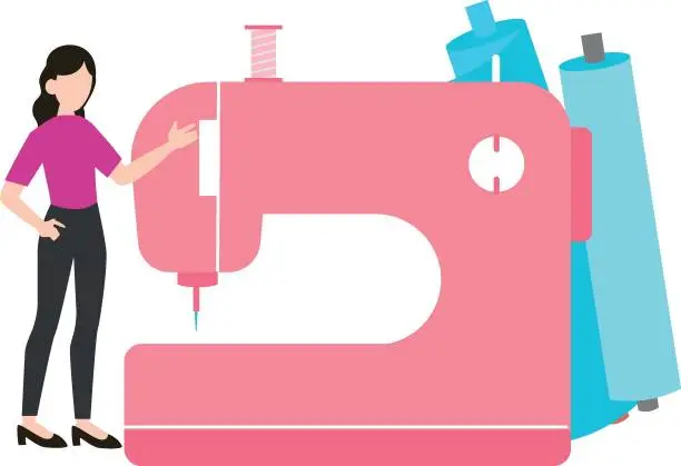 Vector illustration of A girl is sewing clothes on a machine.