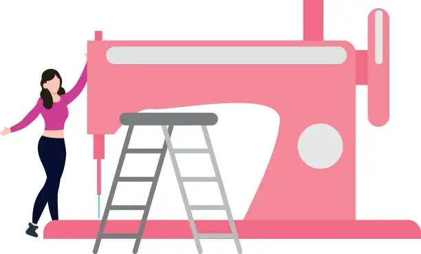 Vector illustration of The girl is standing by the sewing machine.