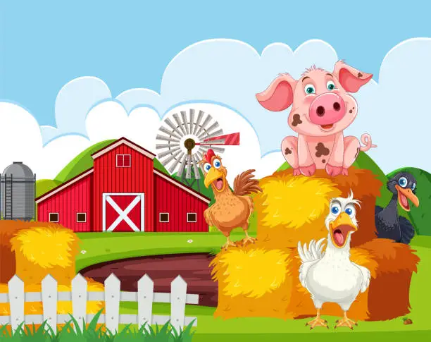 Vector illustration of Cartoon farm animals in front of a red barn