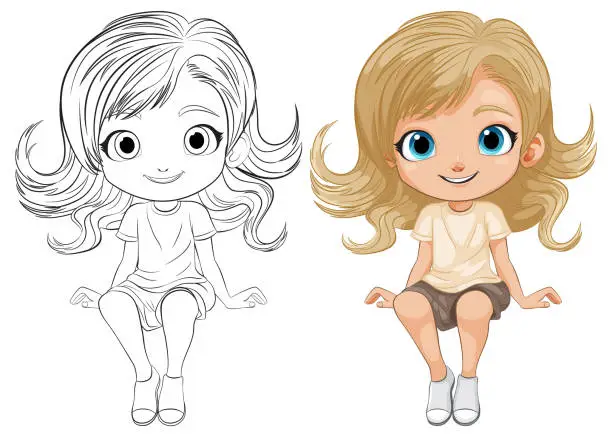 Vector illustration of Black and white and colored cartoon girl illustrations