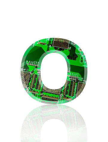 Close-up of three-dimensional circuit board alphabet letter O on white background.