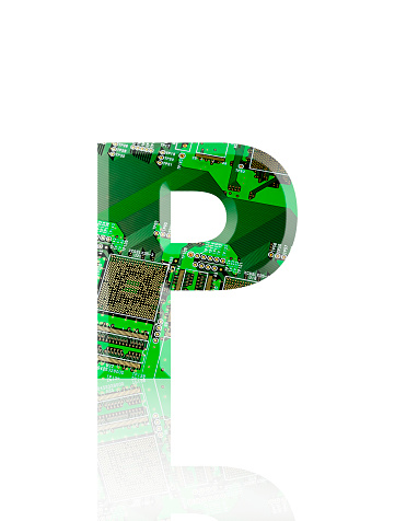Close-up of three-dimensional circuit board alphabet letter P on white background.