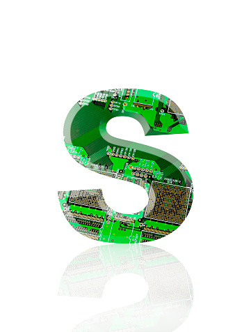 Close-up of three-dimensional circuit board alphabet letter S on white background.