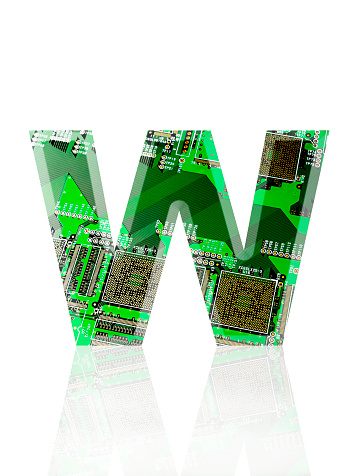 Close-up of three-dimensional circuit board alphabet letter W on white background.