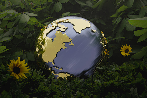 Precious Earth: A shining planet surrounded by lush greenery and blooming flowers - 3D Illustration