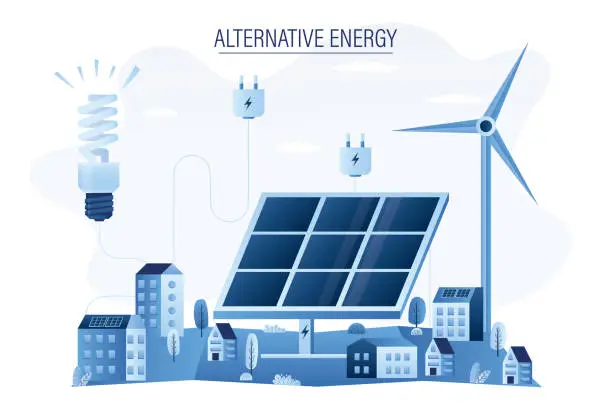Vector illustration of lternative energy home concept. Wind power and solar renewable energy. Modern, ecological houses, big solar panel and wind generator. Energy saving,