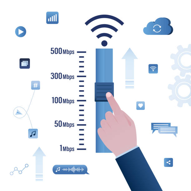 illustrations, cliparts, dessins animés et icônes de la main de l’utilisateur ou de l’ingénieur déplace le curseur et augmente la vitesse de l’internet sans fil. wi-fi haut débit. symbole wifi avec flèche et texte. réseau public rapide. échelle de mesure avec flèche - off balance