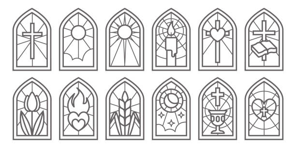 ilustrações, clipart, desenhos animados e ícones de janelas de vidro da igreja. mosaico manchado de molduras católicas e cristãs com cruz. arcos de contorno medieval gótico vetorial isolados no fundo branco - cross shape cross heart shape jesus christ